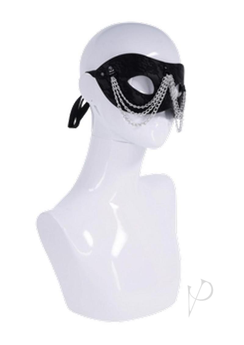 Sex and Mischief Chained Lace Mask Black displayed on a mannequin, featuring lace and metal chains for dramatic effect.
