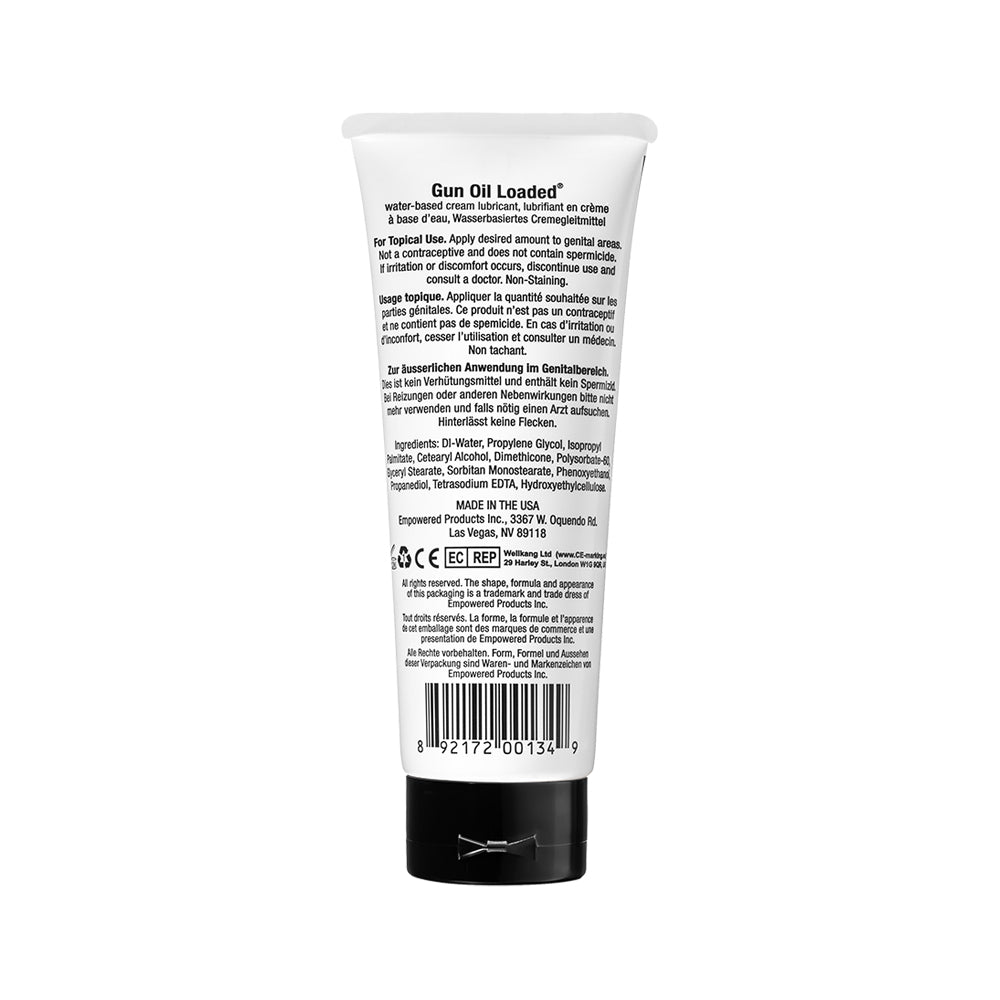 Back view of Gun Oil Loaded Hybrid Cream Lubricant 3.3 Oz tube showcasing ingredient details and usage instructions.
