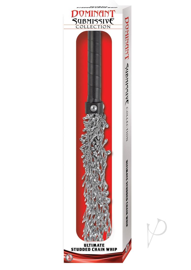 Dominant Submissive Ultimate Studded Chain Whip Silver in packaging, showcasing its unique design and metallic finish.