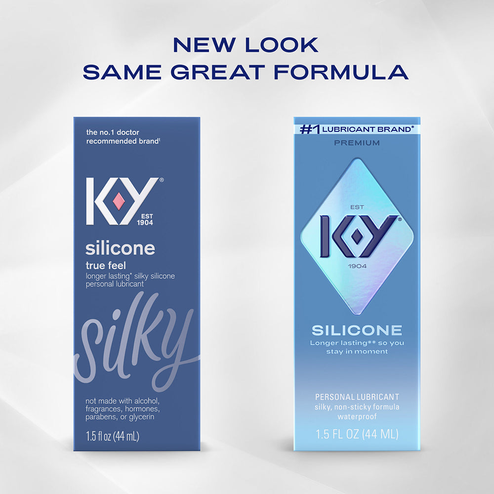 K-Y True Feel Premium Silicone Gel Lubricant 1.5 Oz packaging showcasing new design and product features.