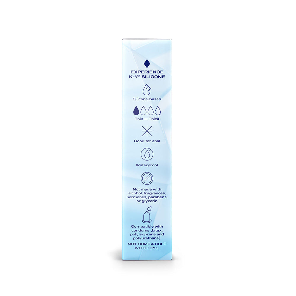 K-Y True Feel Premium Silicone Gel Lubricant 1.5 Oz packaging with silicone-based and waterproof detailed information.
