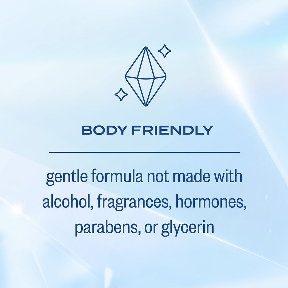 Body friendly label with gentle formula details, free from alcohol, fragrances, hormones, parabens, and glycerin.
