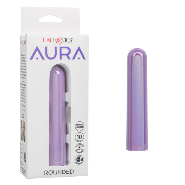 Aura Rounded Silicone Bullet Stimulator Purple in packaging and on display, designed for powerful sensations with 10 vibration speeds.