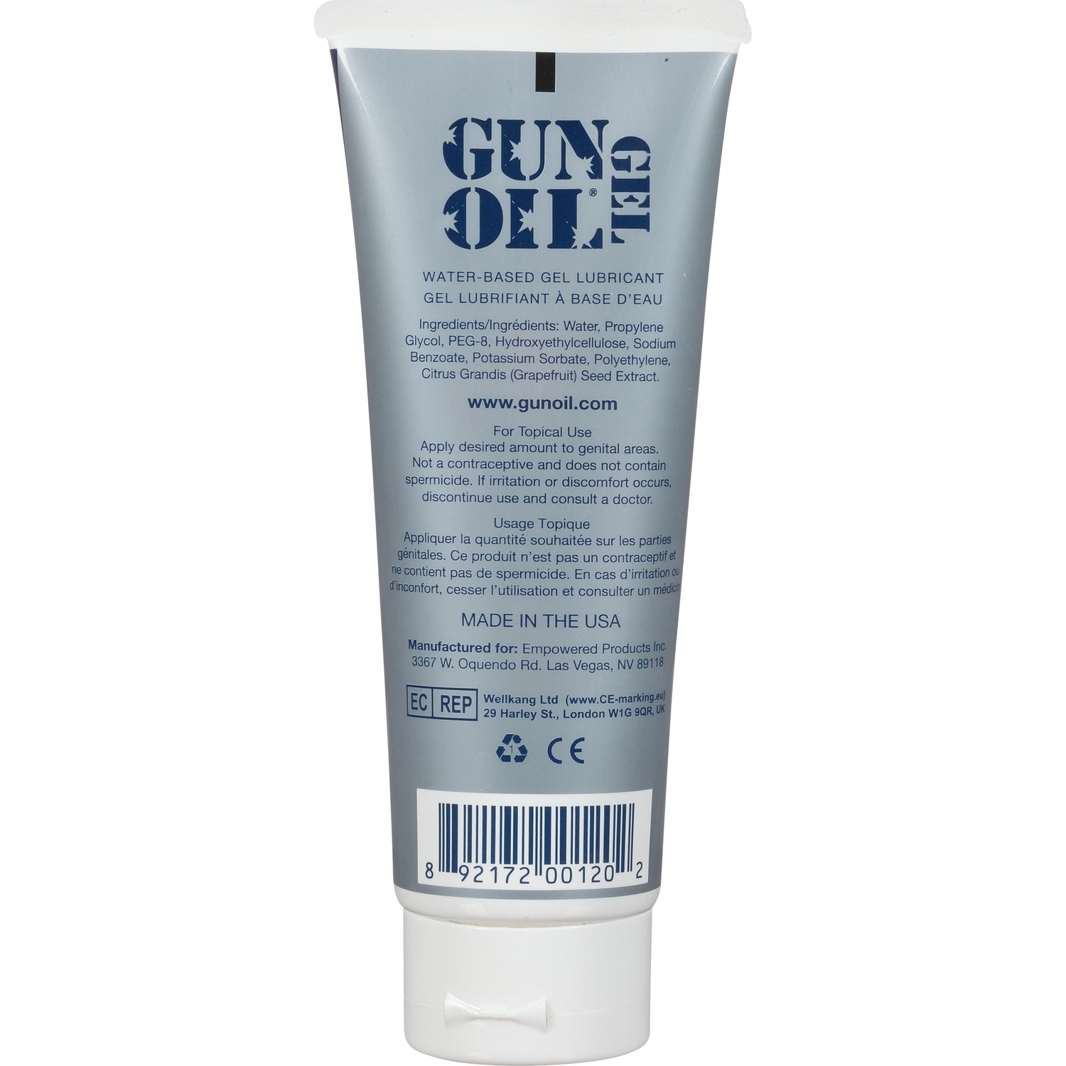 Gun Oil Water-based Gel Lubricant 3.3 Oz tube packaging with ingredient list and usage instructions.