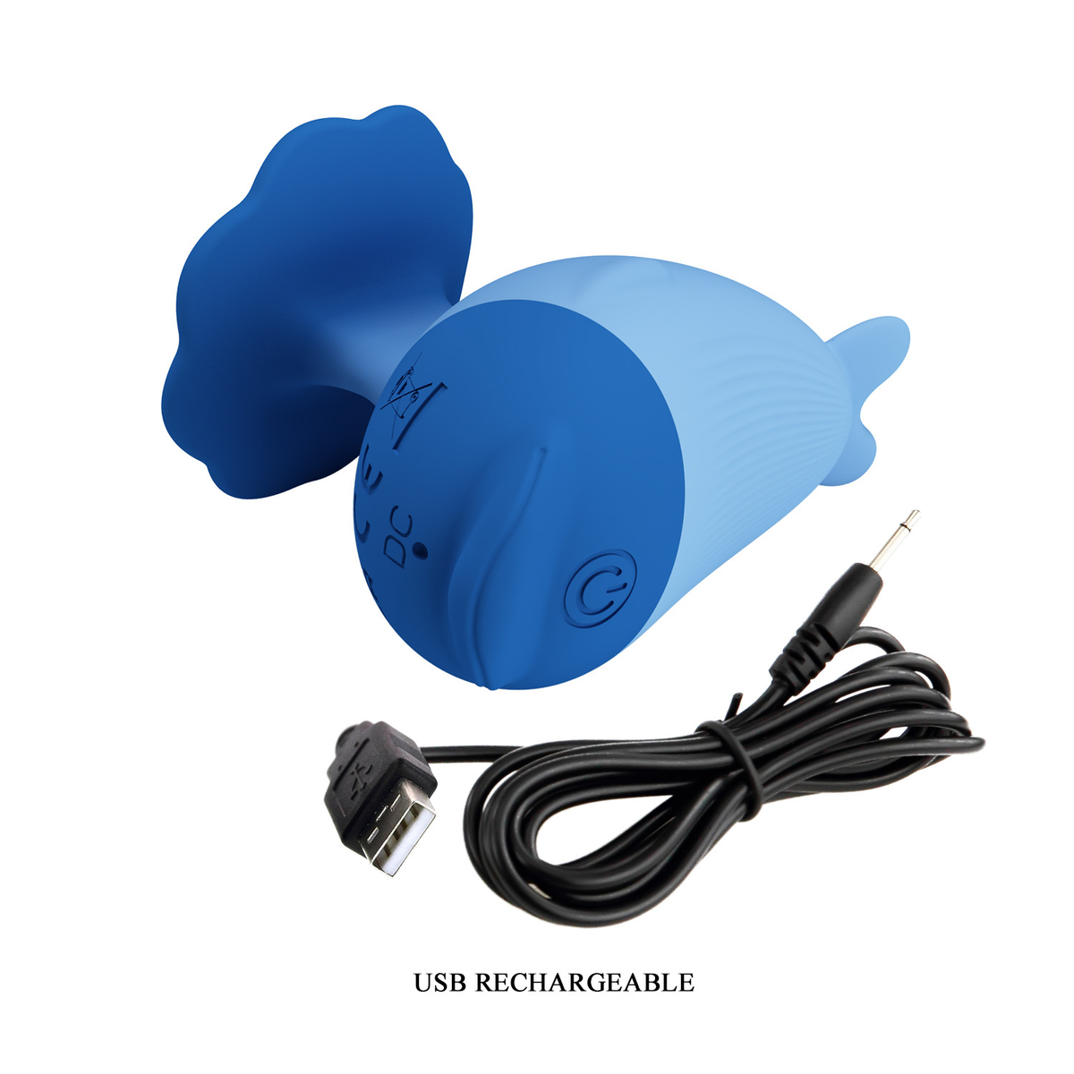 Pretty Love Dolphin Mini Vibrator Blue with USB rechargeable cable, designed for external pleasure.