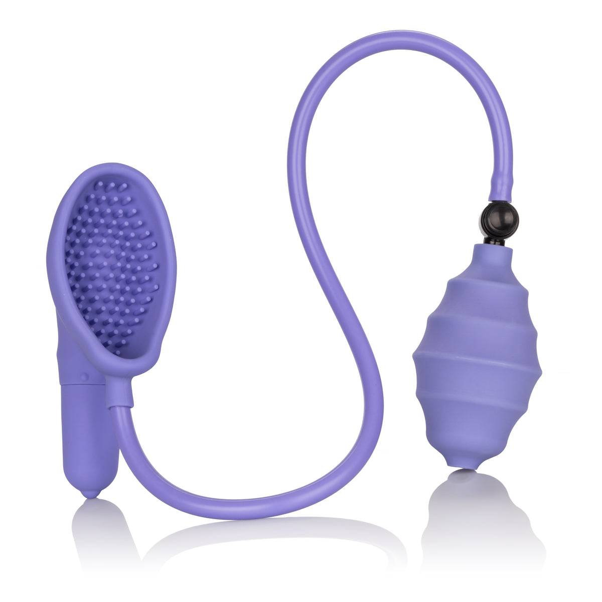 CalExotics Silicone Pro Intimate Clitoral Pump Purple with silicone suction cup and air pump.