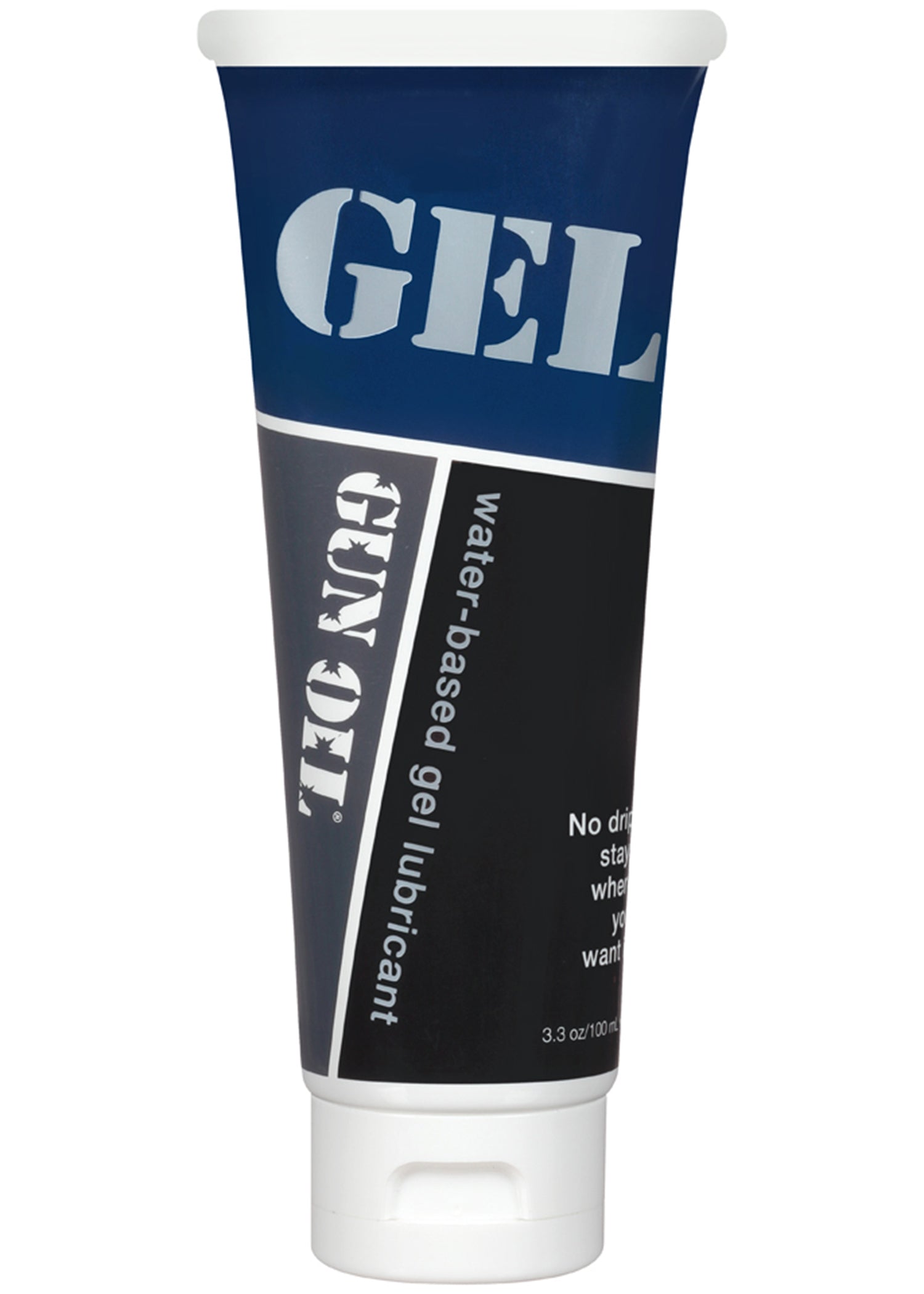 Gun Oil Water-based Gel Lubricant 3.3 Oz tube with blue and black packaging, showcasing water-based lubricant features.