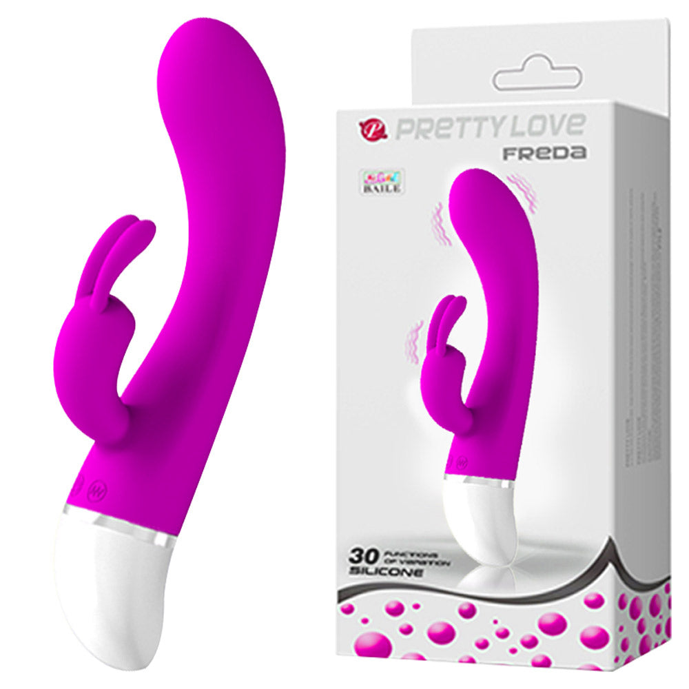 Pretty Love Freda 30 Function Rabbit Vibrator Purple with curved shaft and clitoral arm for enhanced stimulation.