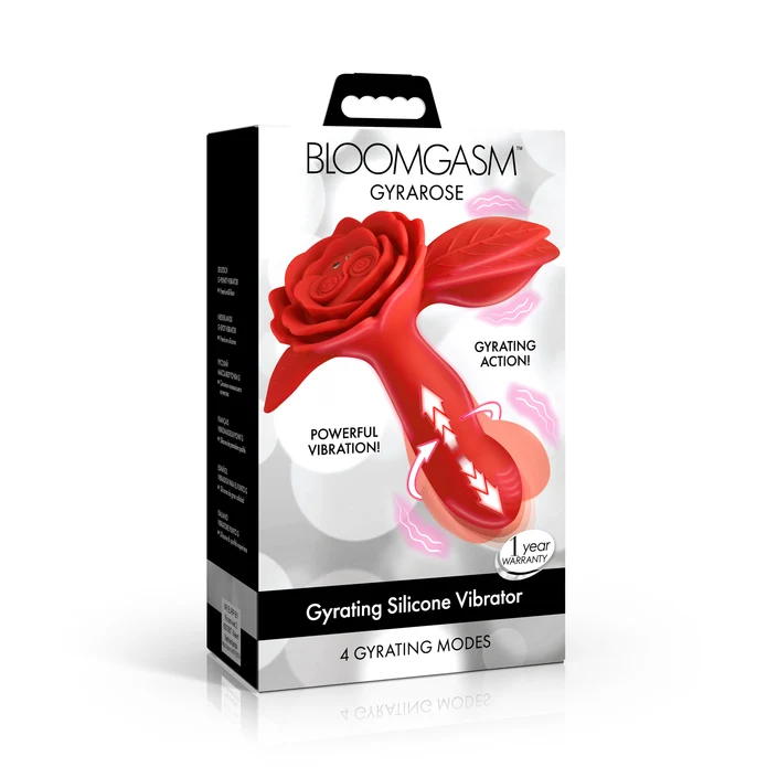 Bloomgasm Gyrarose Gyrating Silicone Vibrator Red packaging featuring a textured rose clit stimulator and gyrating shaft.