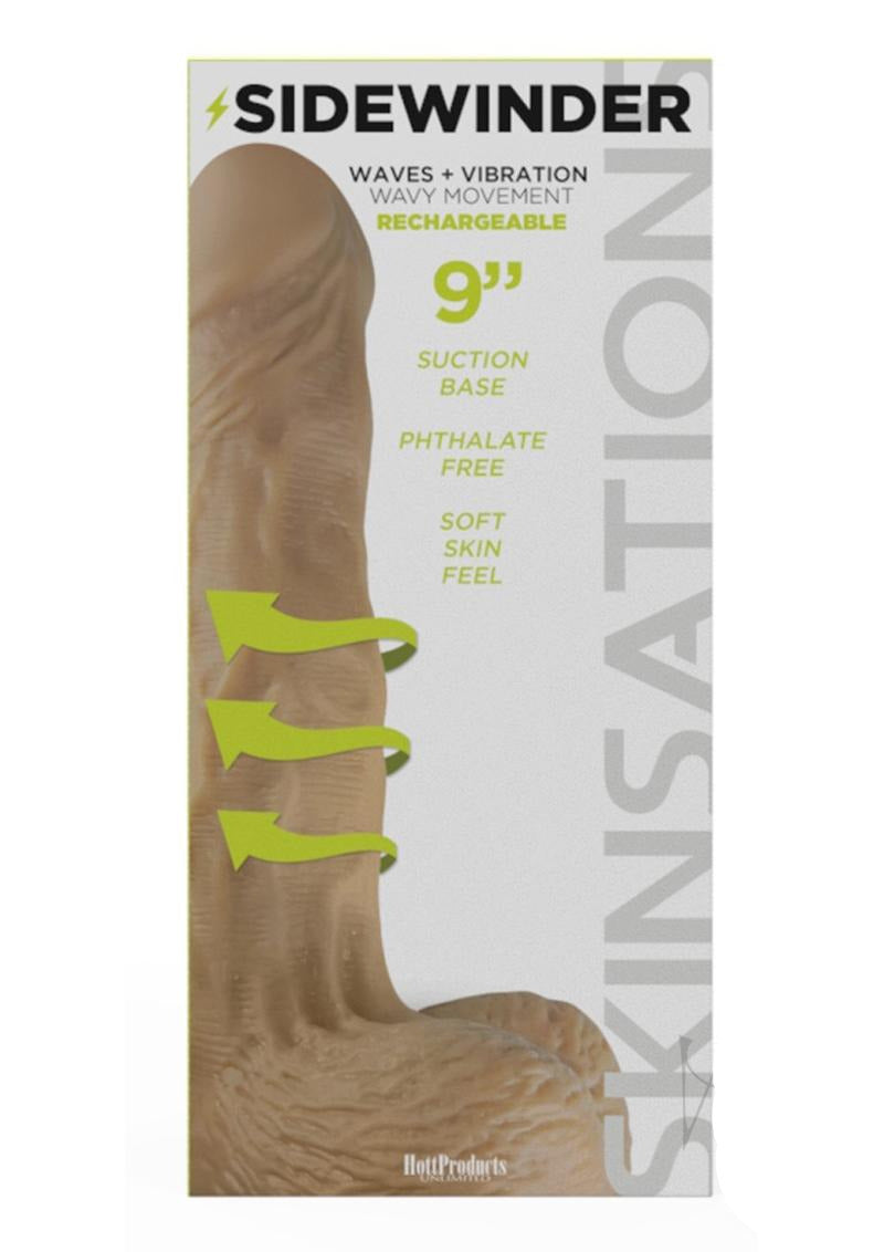 Skinsations Sidewinder Waves & Vibration Dildo 9 inch with Remote packaging featuring suction base and soft skin feel.