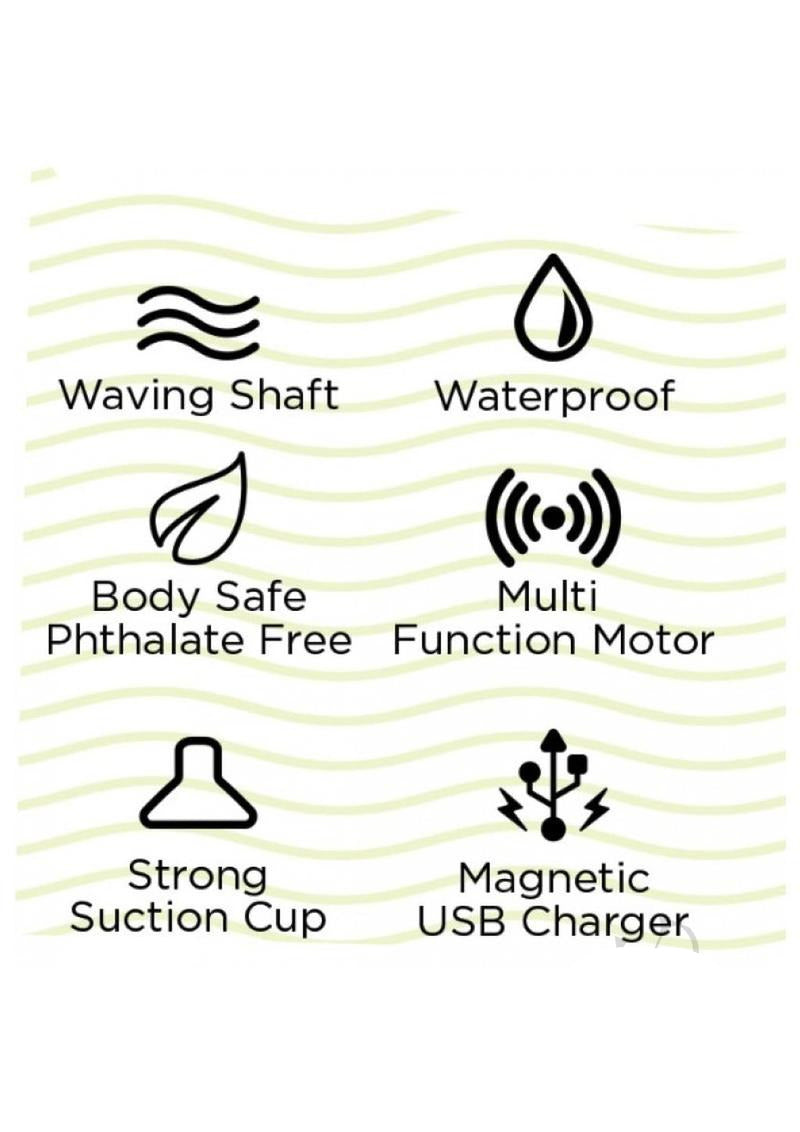 Features of Skinsations Sidewinder Waves & Vibration Dildo 9 inch with Remote: waving shaft, waterproof, body safe, multi function motor, suction cup, magnetic USB.
