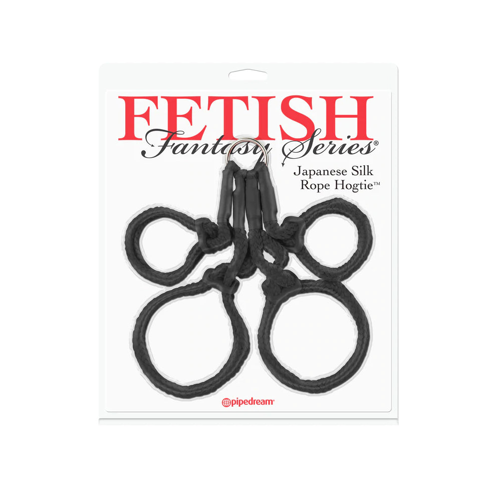 Fetish Fantasy Series Japanese Silk Rope Hogtie Black on packaging, featuring soft black rope cuffs.