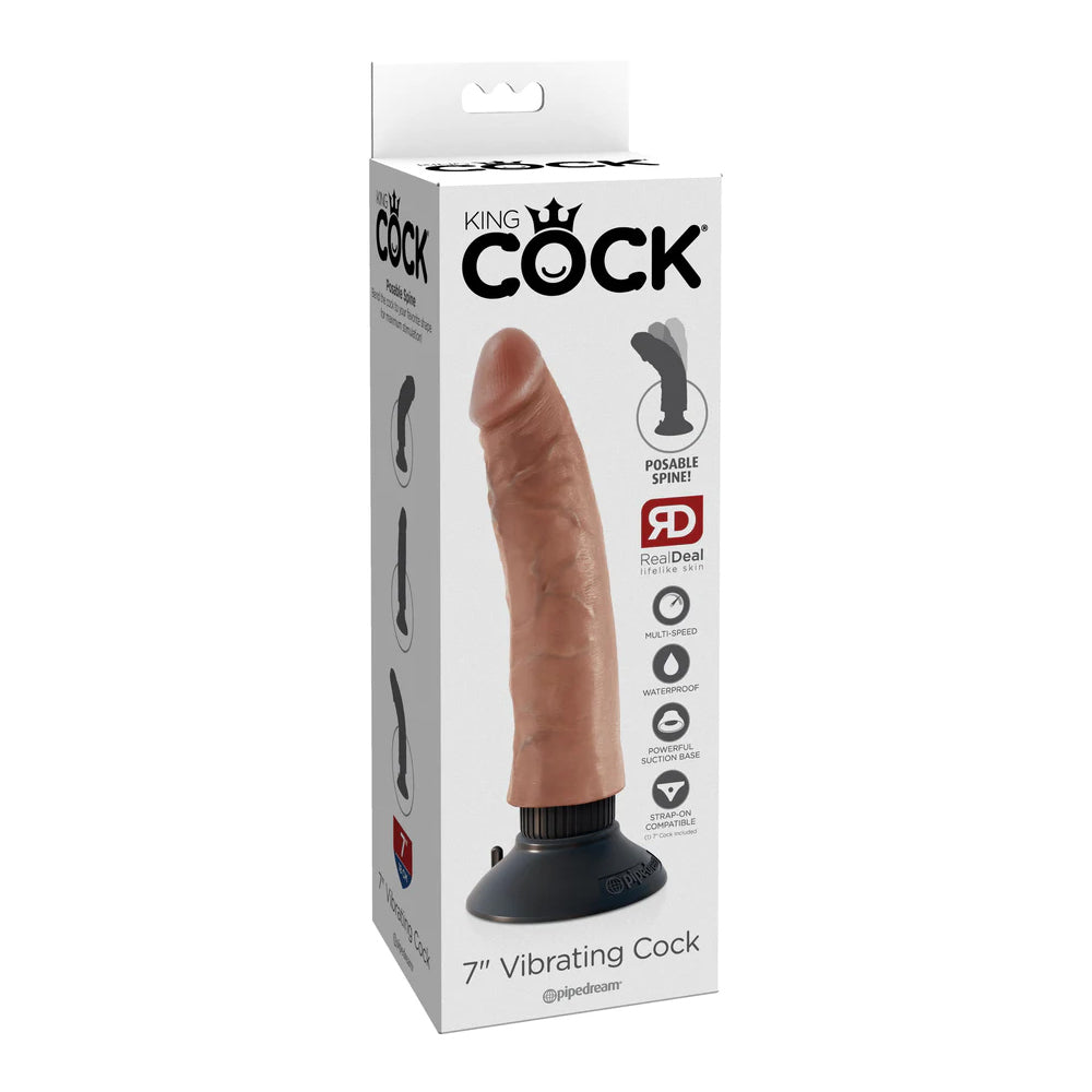 King Cock 7 Inch Vibrating Cock Tan in packaging showcasing features like posable spine and powerful suction base.