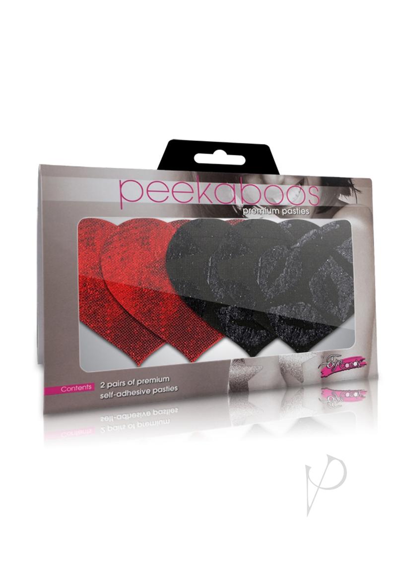 Peekaboo Stolen Kisses Hearts Pasties Red and Black packaging showcasing heart-shaped self-adhesive pasties.