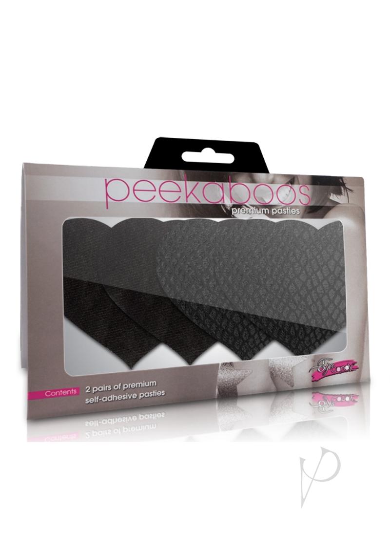 Peekaboo Classic Black Hearts Pasties packaging featuring two pairs of premium self-adhesive black heart pasties.