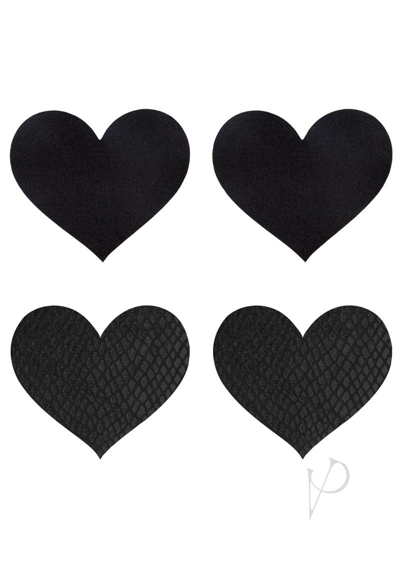 Peekaboo Classic Black Hearts Pasties displayed in two styles, featuring sleek black heart shapes for discreet coverage.