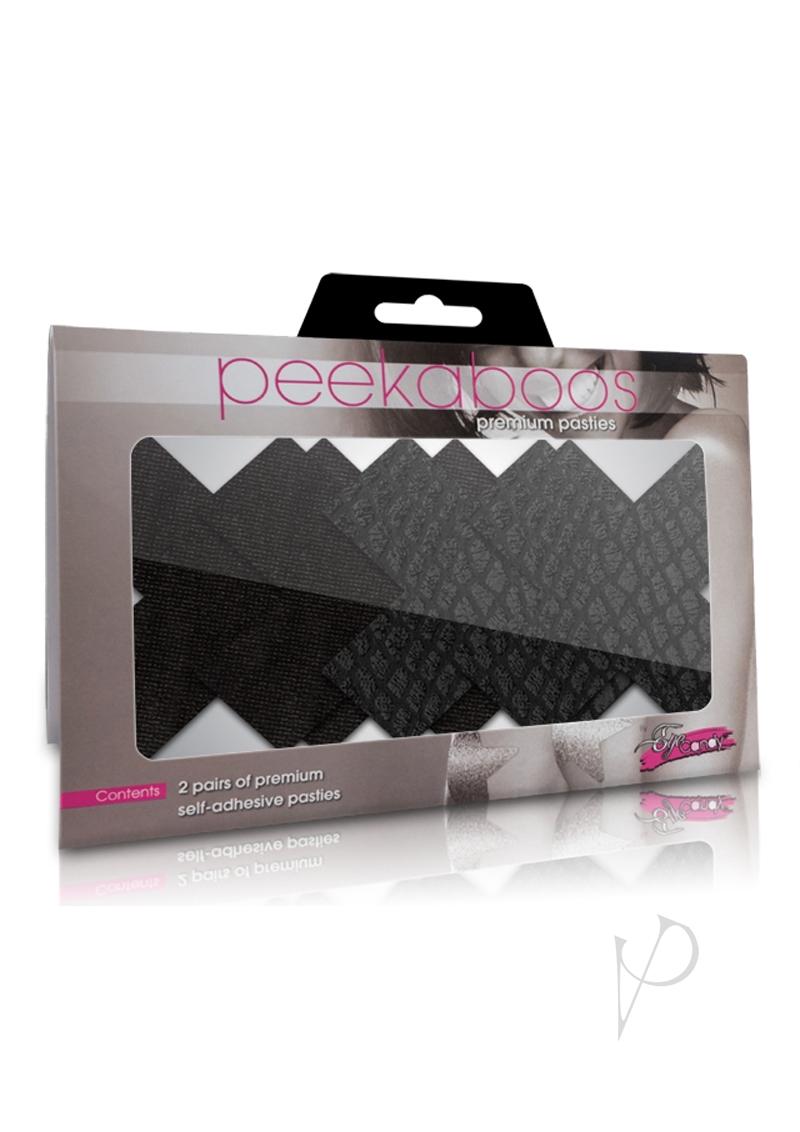 Peekaboo Classic Black X Pasties packaging featuring two pairs of premium self-adhesive pasties.