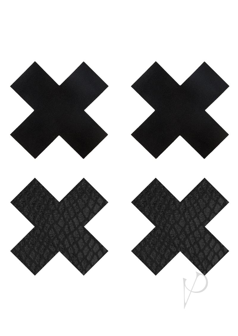 Peekaboo Classic Black X Pasties set, featuring two styles: smooth and textured X shapes for stylish coverage.