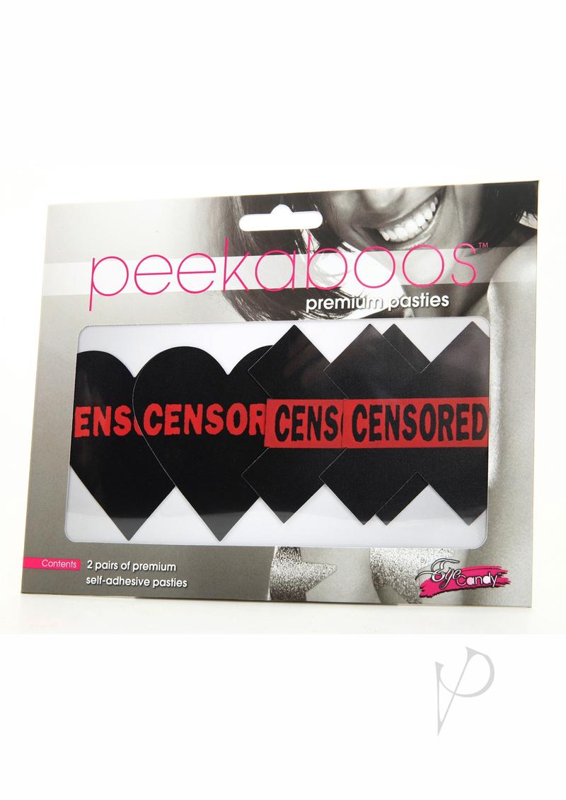 Peekaboo Censored Hearts and X Pasties Black and Red pack featuring self-adhesive designs.