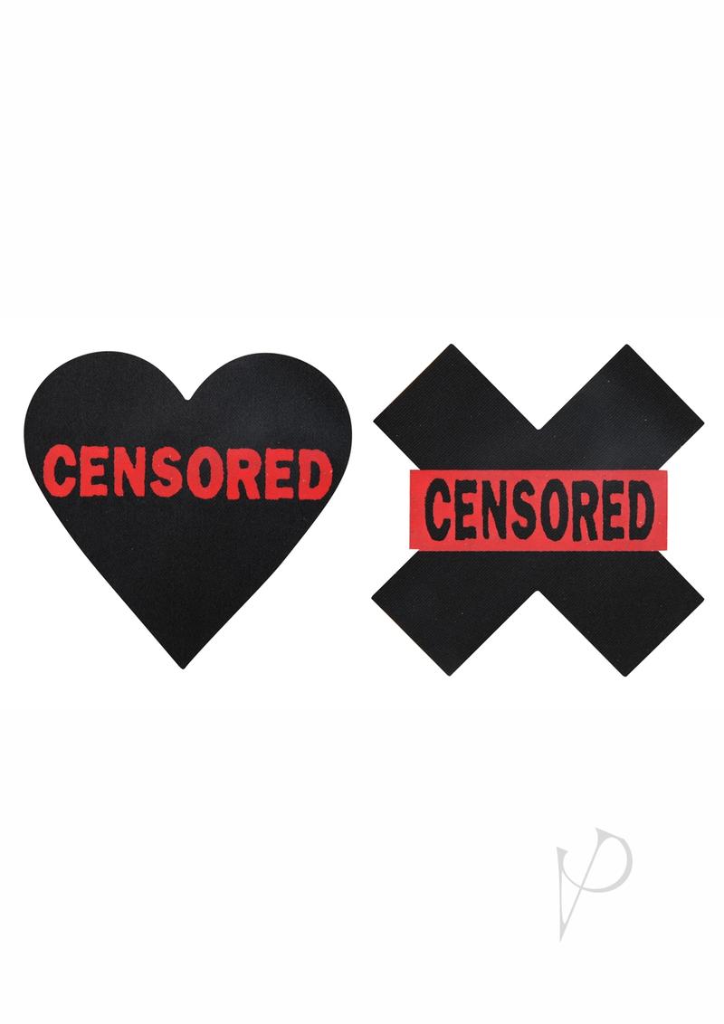 Peekaboo Censored Hearts and X Pasties Black and Red, stylish pasties with playful heart and X designs.