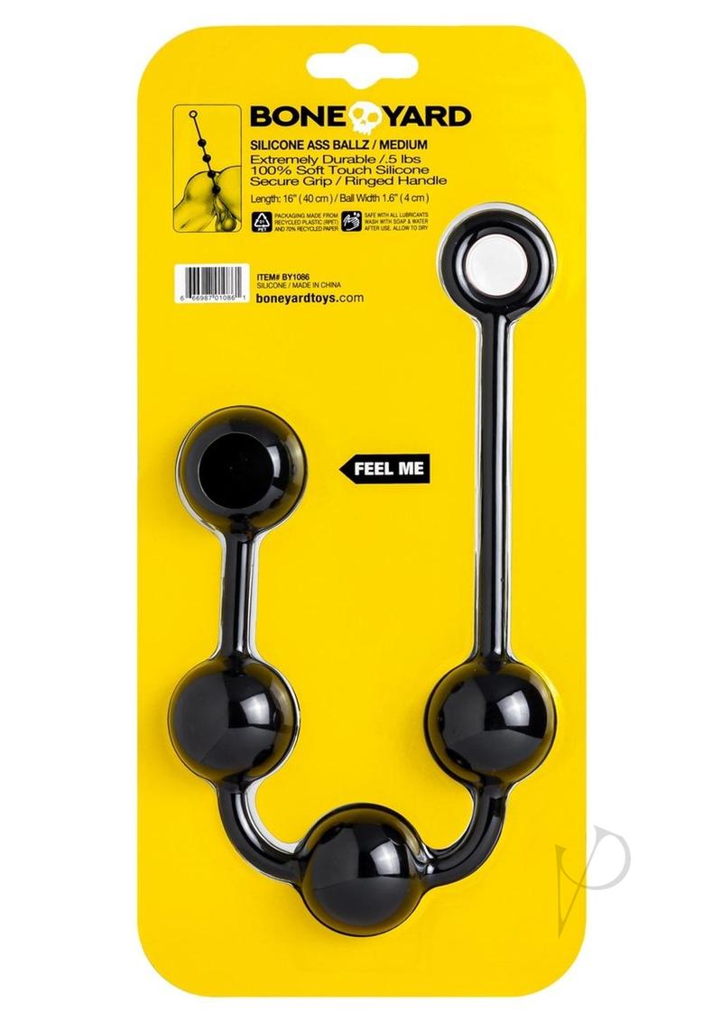 Boneyard Ass Ballz Silicone Anal Beads Medium Black packaging featuring durable silicone anal beads with ringed handle.