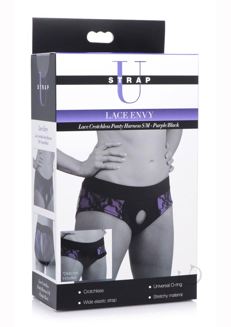 Strap U Lace Envy Crotchless Panty Harness Small Medium packaging in purple and black, featuring a universal O-ring.