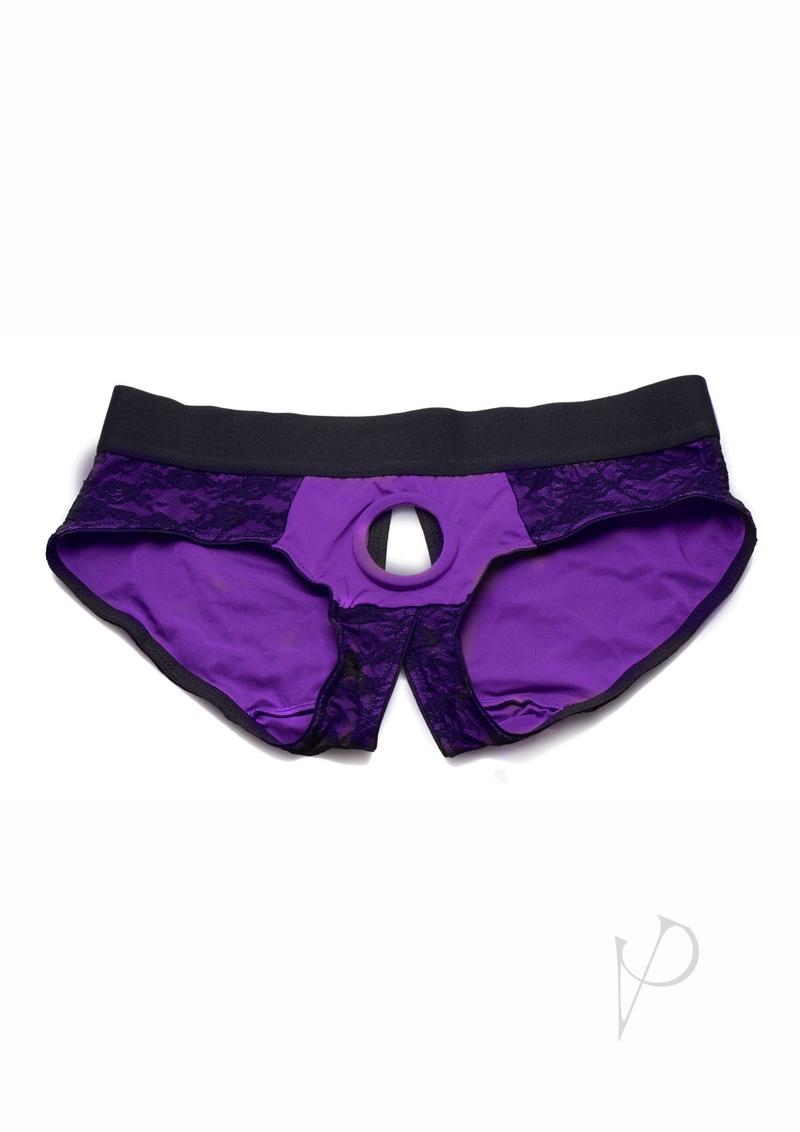 Strap U Lace Envy Crotchless Panty Harness Small Medium in purple lace design with O-ring feature.