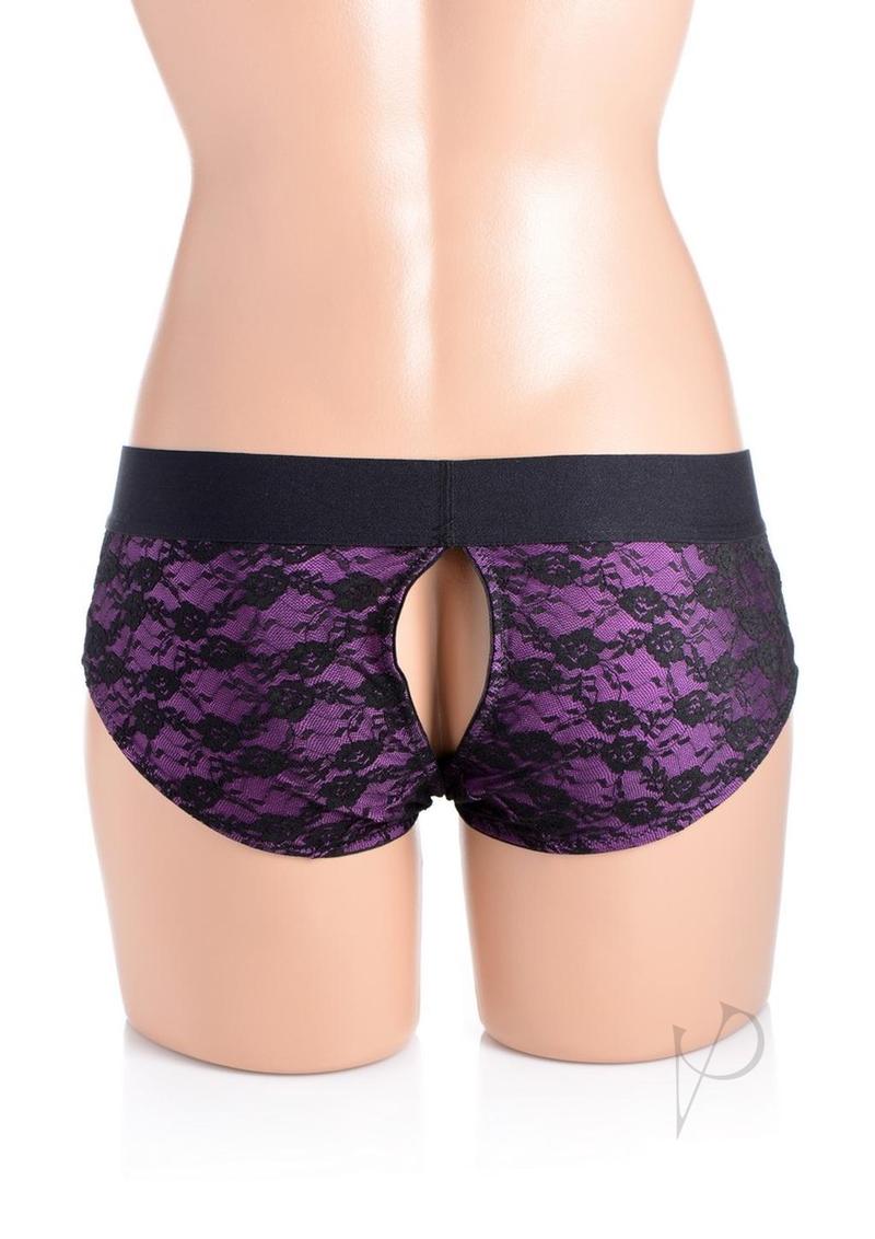 Strap U Lace Envy Crotchless Panty Harness Small Medium displayed from the back, featuring purple lace and a crotchless design.