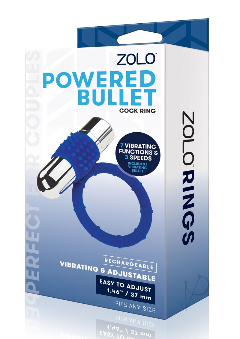ZOLO Rechargeable Vibrating Silicone Cock Ring Navy packaging with details on vibrating features and adjustable fit.