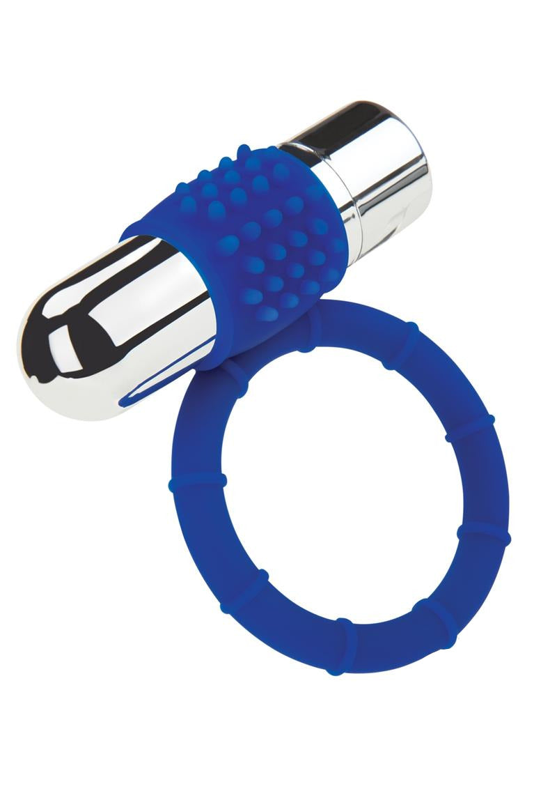ZOLO Rechargeable Vibrating Silicone Cock Ring Navy with textured sleeve and powerful vibrating bullet for enhanced pleasure.