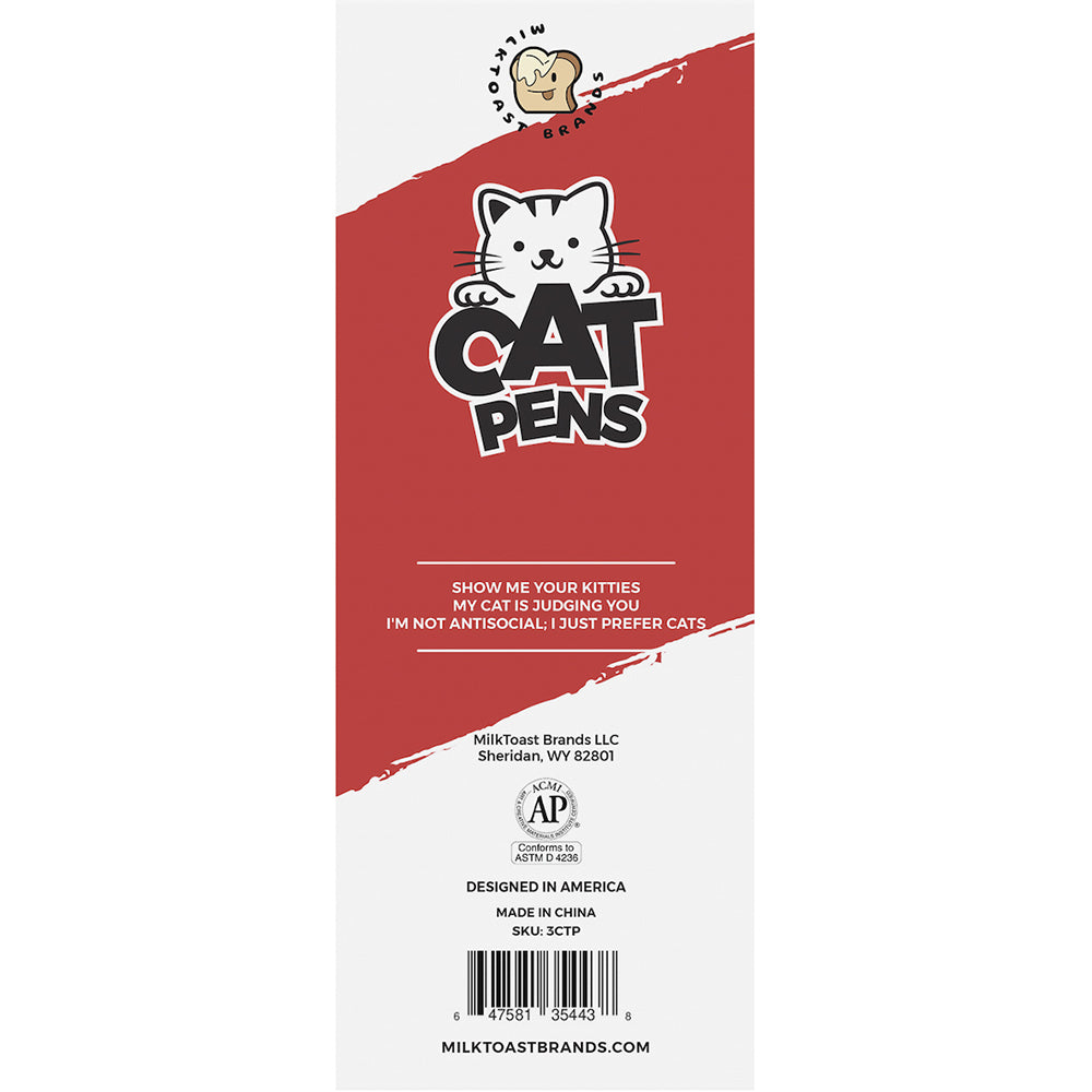 Wood Rocket Cat People Novelty Pens 3 Pack packaging with cat-themed jokes and designs.