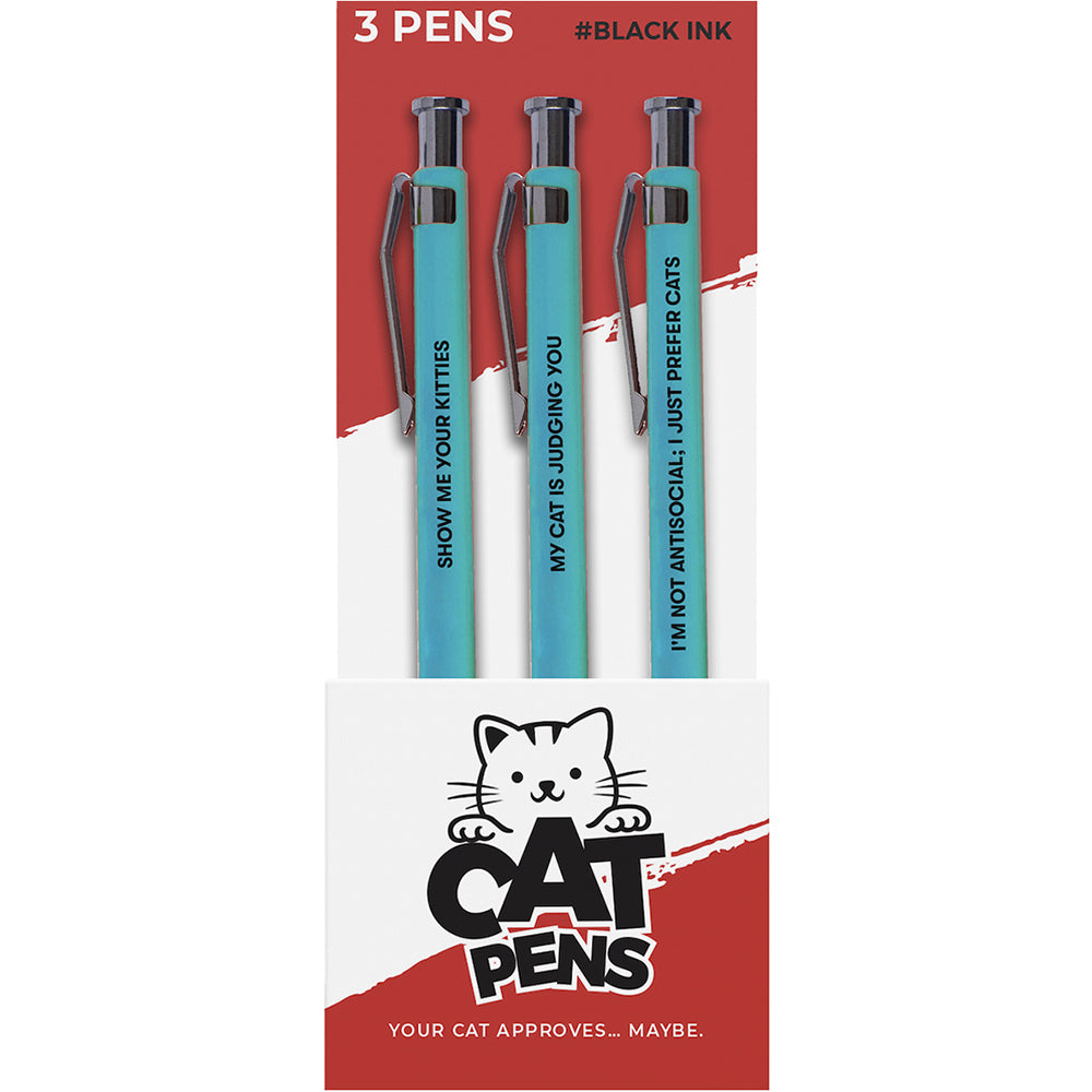 Wood Rocket Cat People Novelty Pens 3 Pack featuring humorous cat-themed designs for writing.