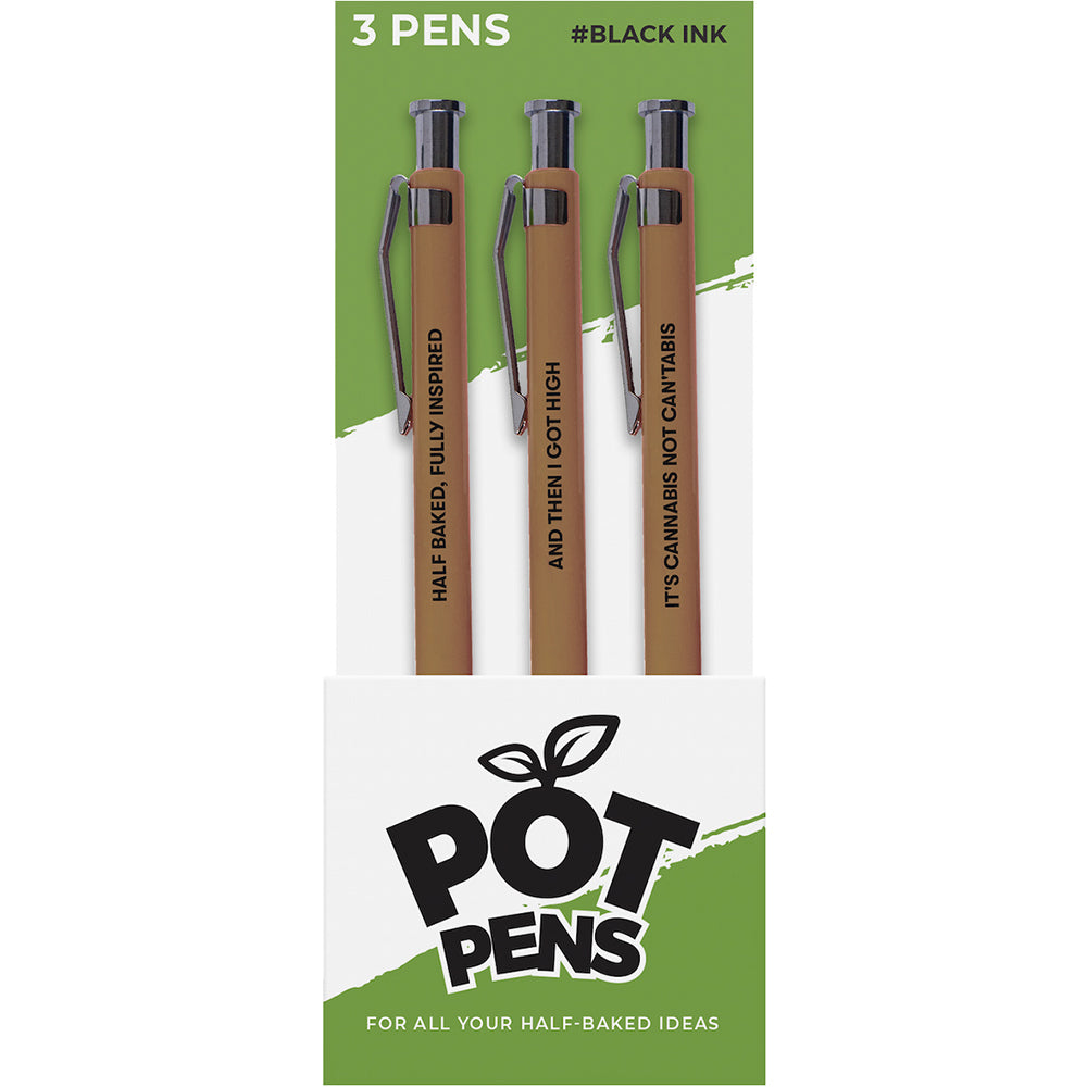 Wood Rocket Pot Pens 3 Pack Cannabis Novelty Gag Gift featuring playful cannabis-themed quotes on colorful barrels.