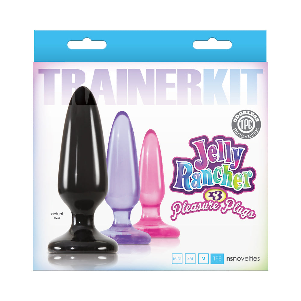 Jelly Rancher Anal Pleasure Plugs Trainer Kit Assorted showcasing three flexible plugs in different sizes.
