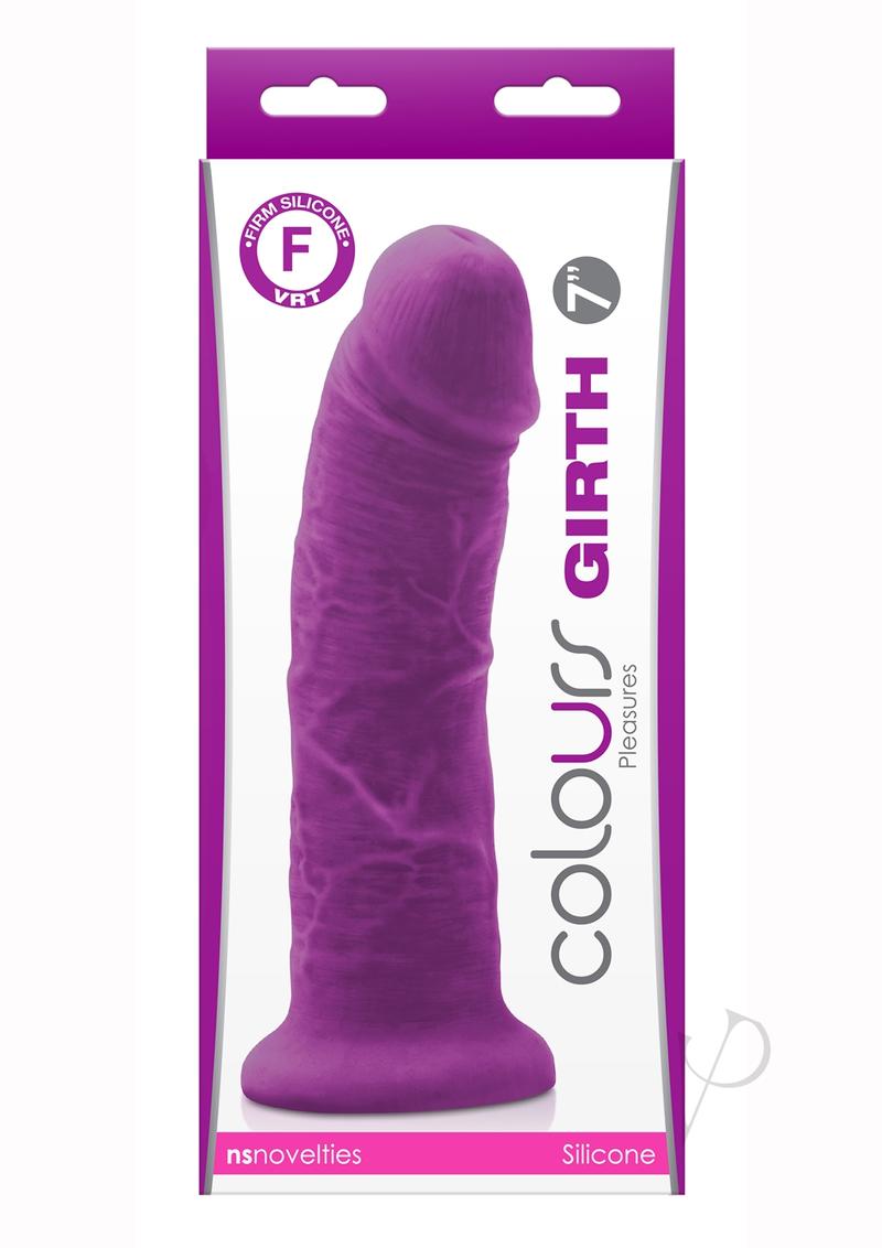 Colours Pleasures Girth 7 Inch Silicone Dildo Purple in packaging, showcasing its realistic design and bold color.