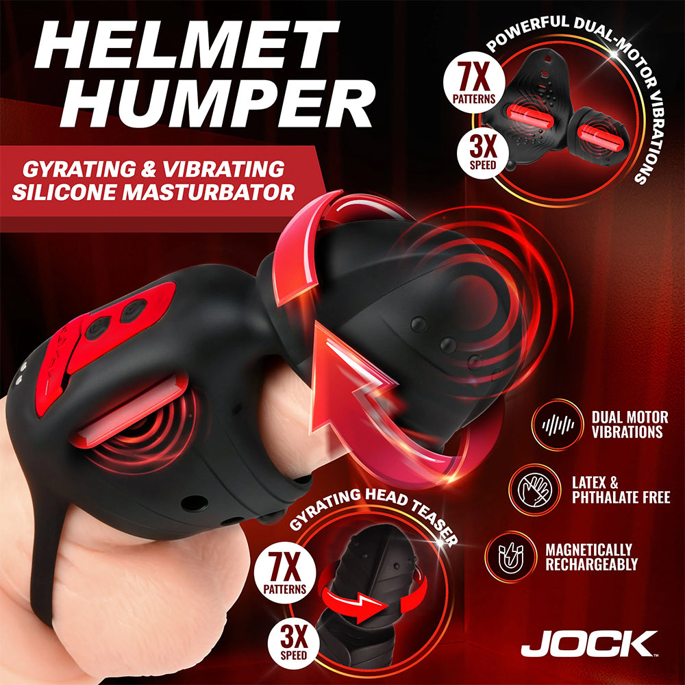 Jock Advanced Helmet Humper Gyrating & Vibrating Silicone Masturbator with dual motors and customizable stimulation features.