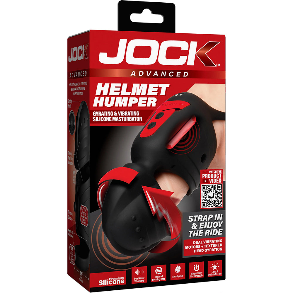 Jock Advanced Helmet Humper Gyrating & Vibrating Silicone Masturbator box packaging showcasing features and controls.