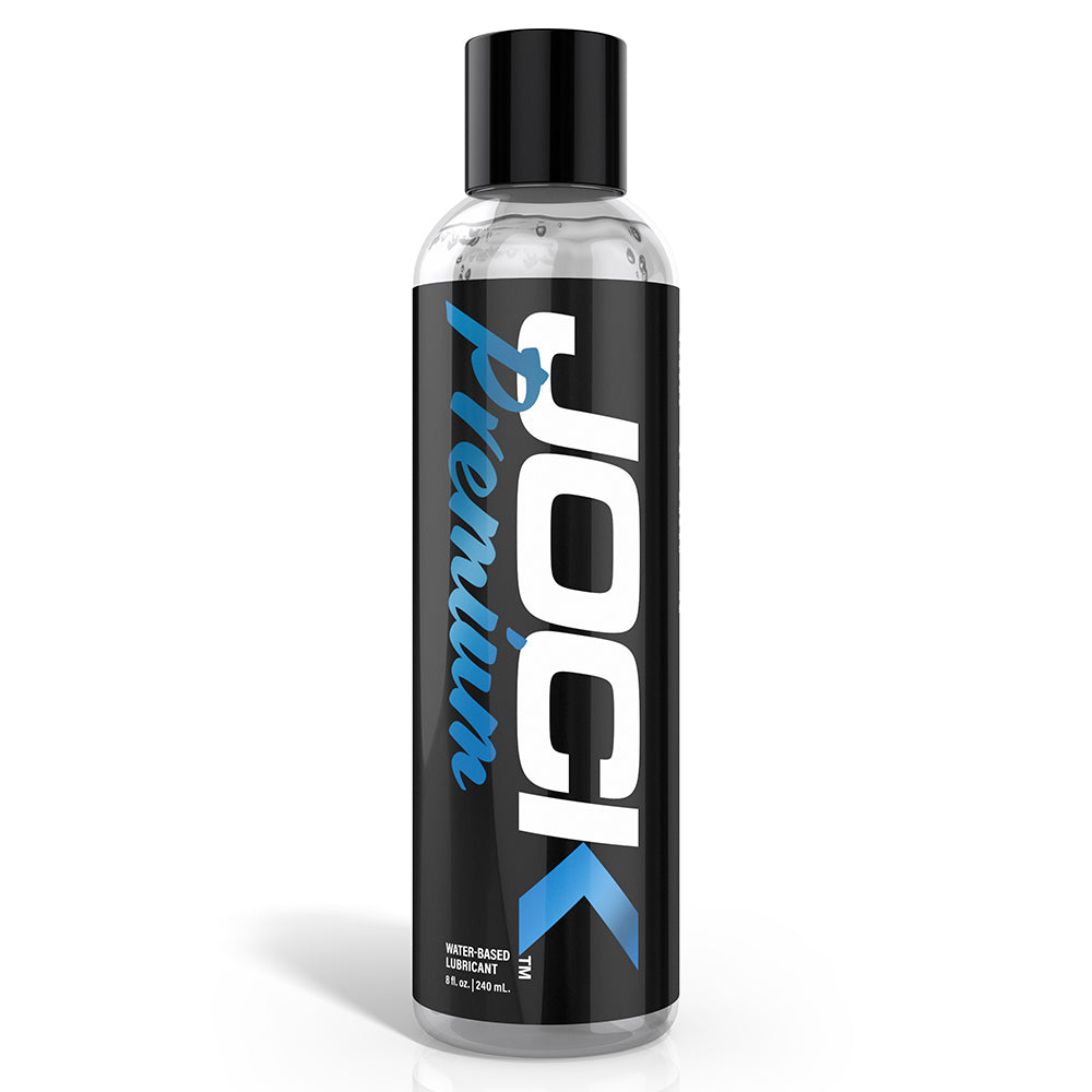 Jock Premium Water-based Lubricant 8 Oz in a clear bottle with a black cap and colorful label.