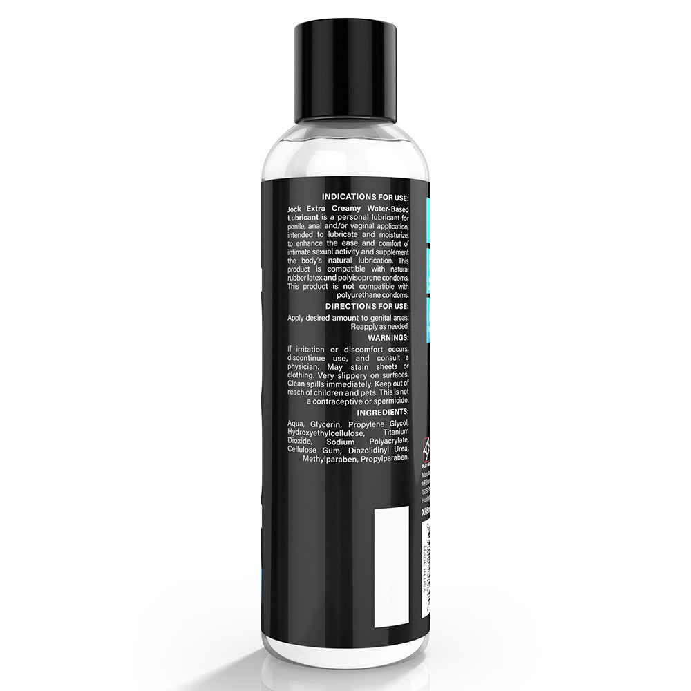 Back view of Jock Extra Creamy Water-based Lubricant 8 Oz bottle showing instructions and ingredients.