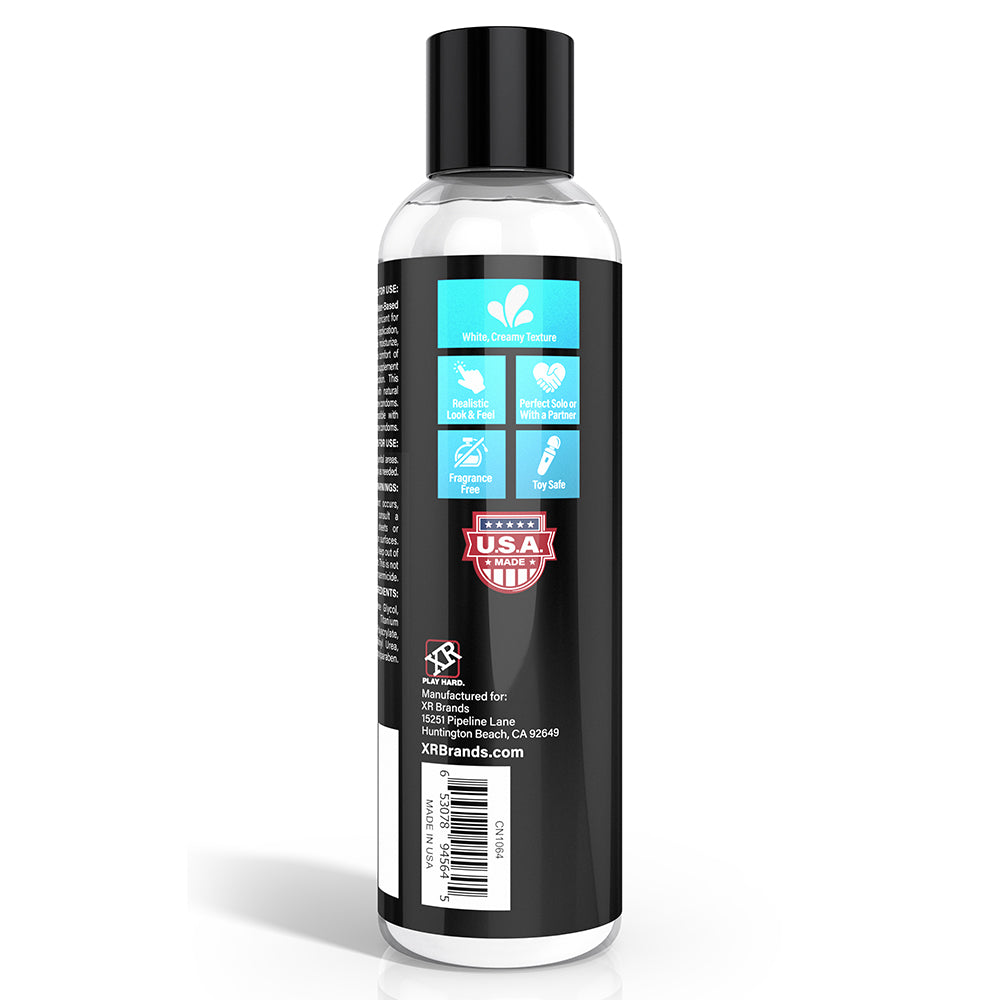 Back view of Jock Extra Creamy Water-based Lubricant 8 Oz bottle showcasing its features and manufacturing details.