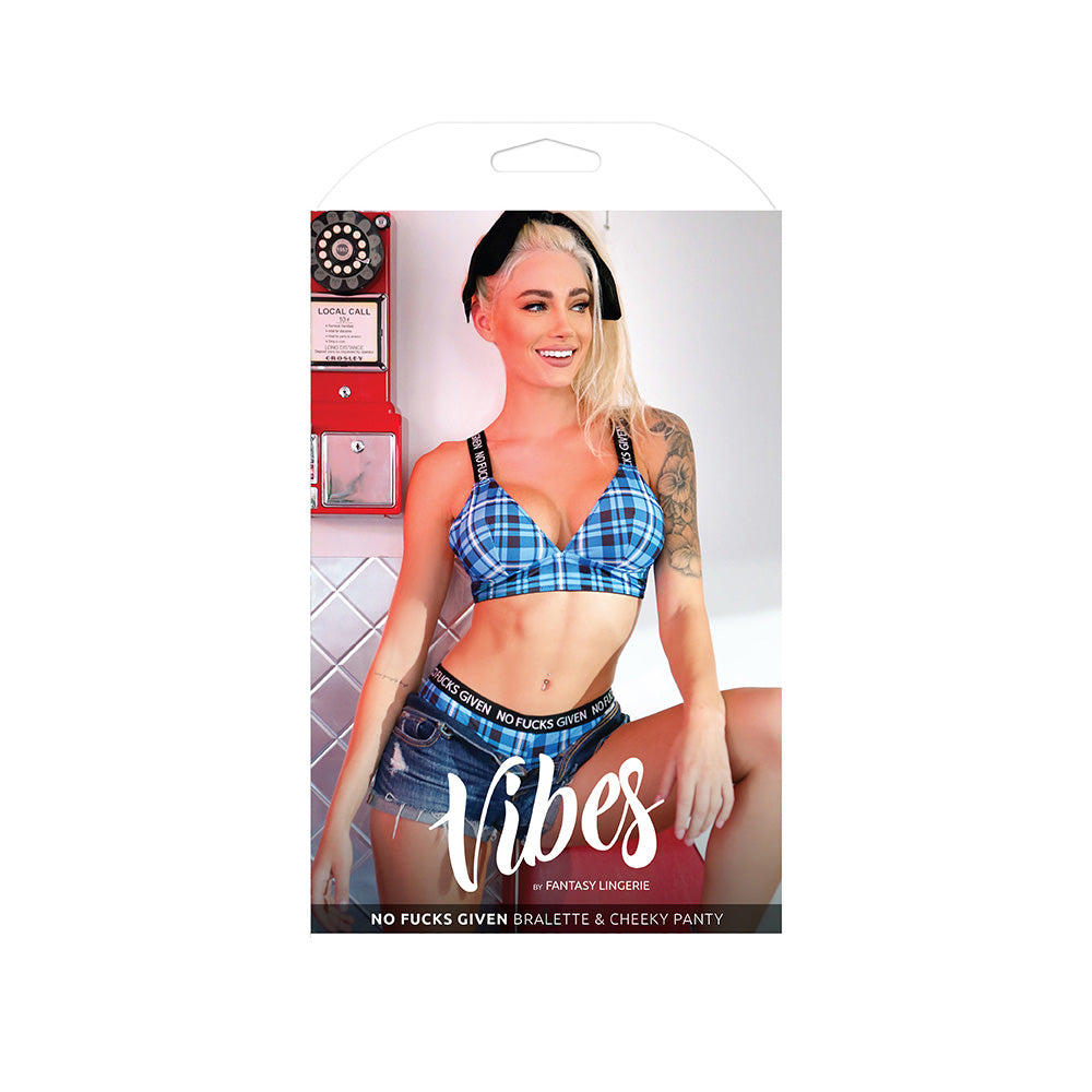 No Fucks Given Plaid Bralette & Cheeky Panty Set M/L Blue displayed on model, showcasing bold plaid design and playful slogan.