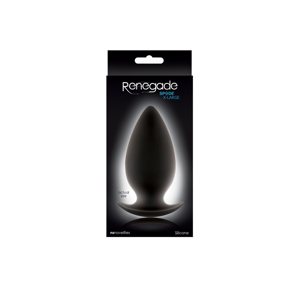 NS Novelties Renegade Spades Extra Large Anal Plug packaging showing the actual size of the product.