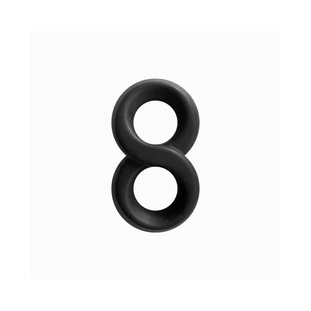 Renegade Infinity Dual Cock Ring Black shaped like the infinity symbol, designed for enhanced stamina and pleasure.
