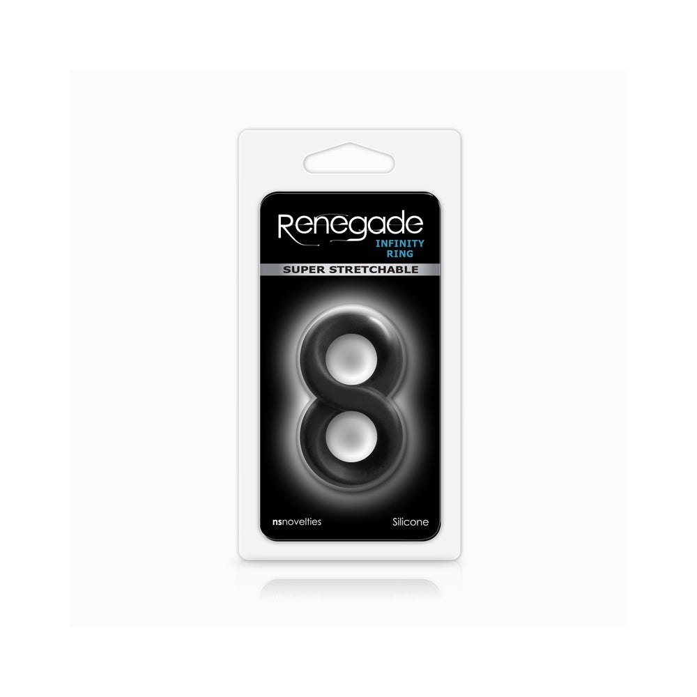 Renegade Infinity Dual Cock Ring Black packaging featuring a super stretchable design for enhanced pleasure.