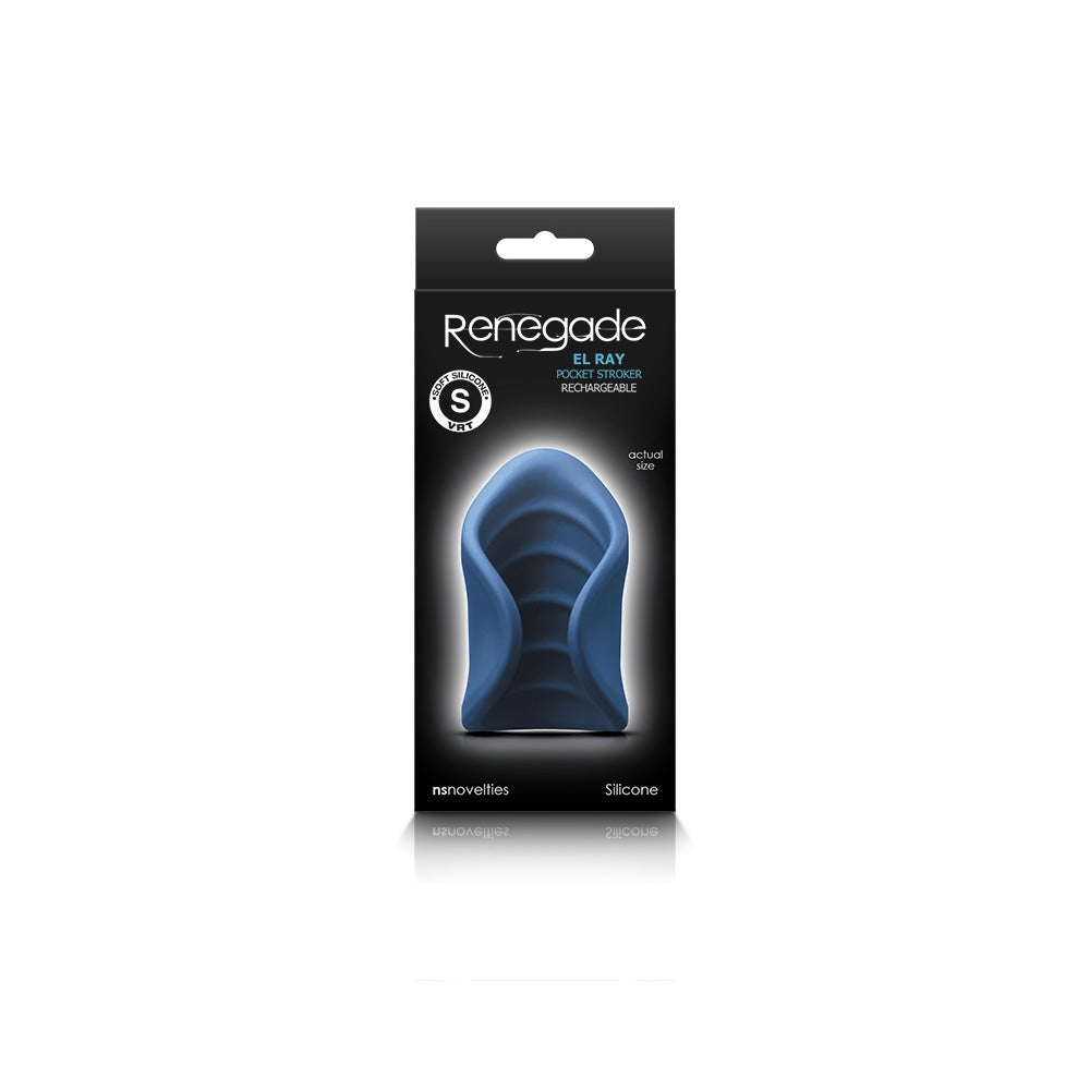Renegade El Ray Pocket Stroker Blue packaging showcasing a compact rechargeable personal massager for discreet use.