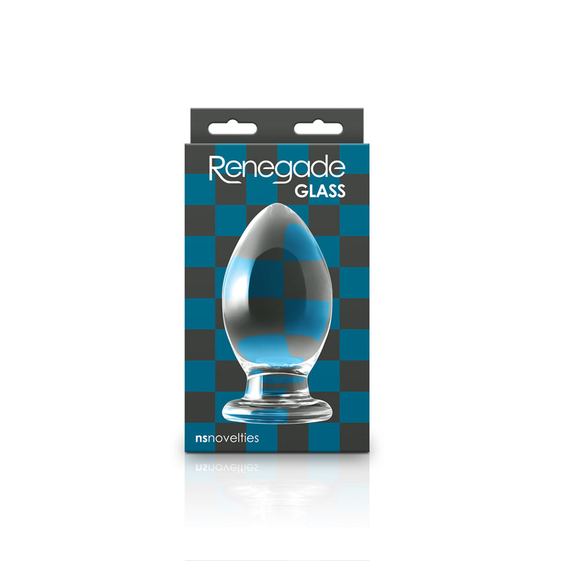 Renegade Glass Bishop Anal Plug Clear in packaging, designed for adventurous anal play with striking crystal-clear look.