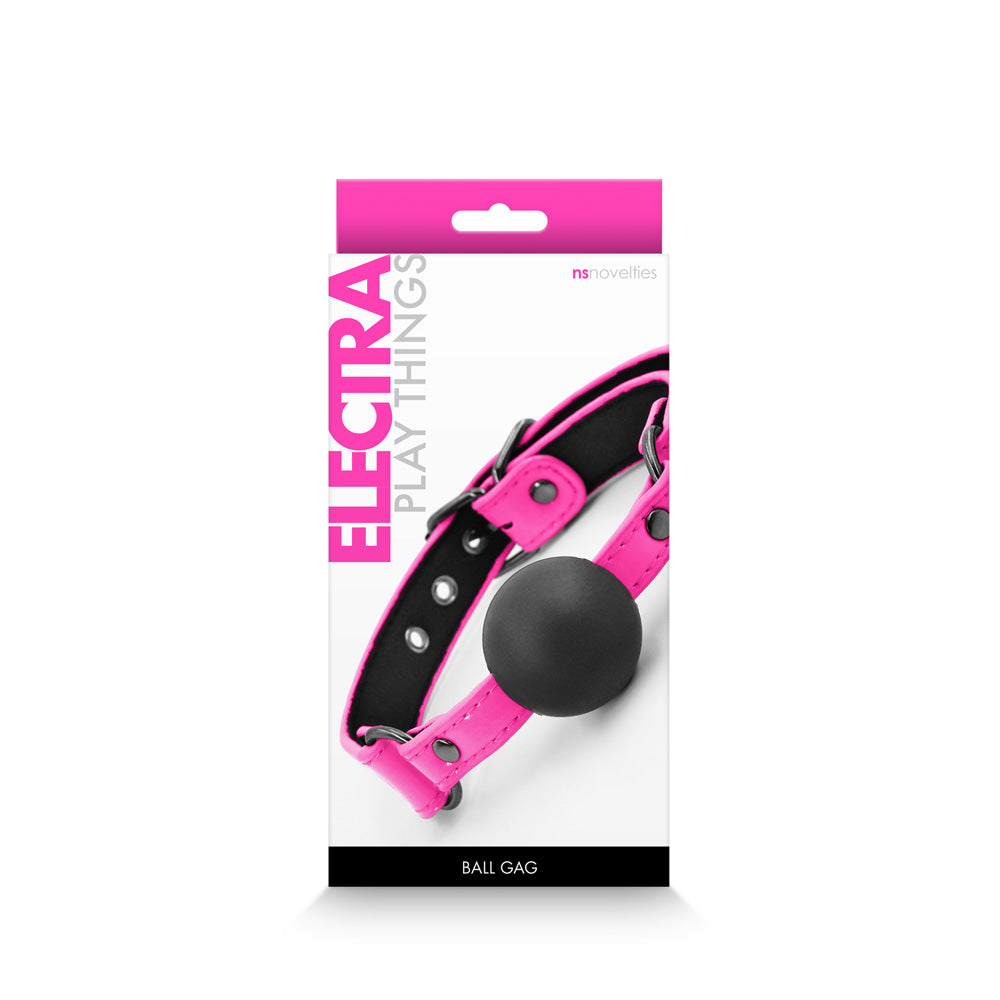 NS Novelties Electra Ball Gag Pink packaging with neoprene-lined design and black ball for bondage play.
