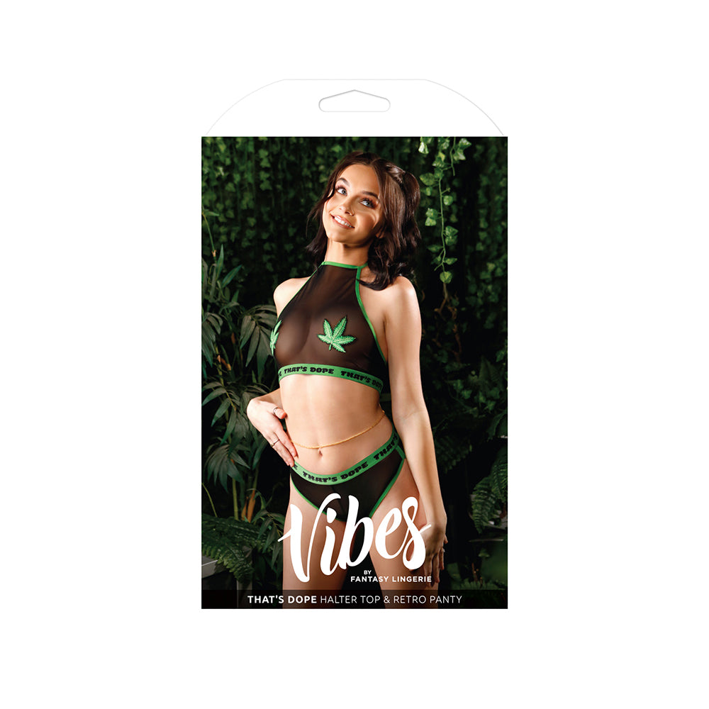 That's Dope Mesh Halter Top and Retro Panty Black M/L displayed on a model with a plant background.