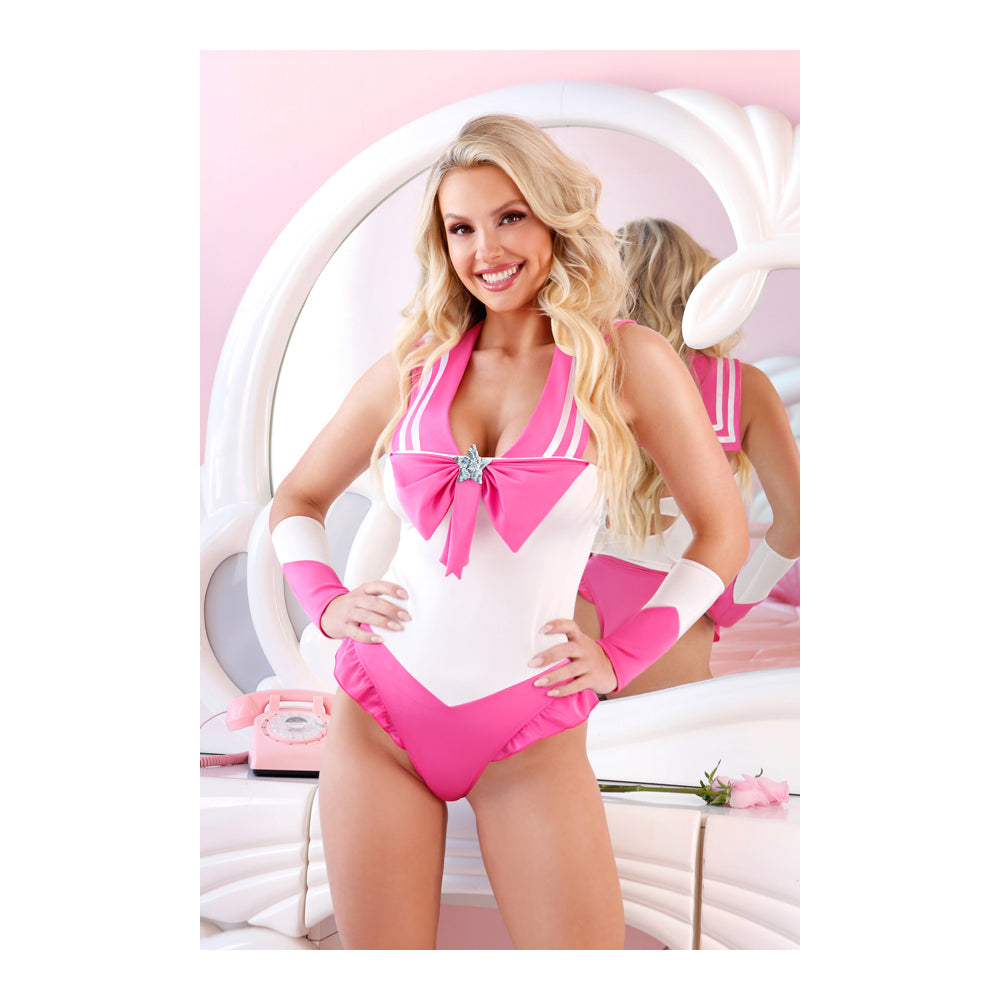 Fantasy Lingerie Cosplay With Me Costume Set L/XL featuring model in a playful pink and white bodysuit.