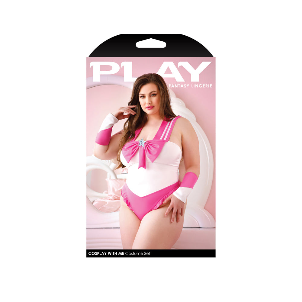 Cosplay With Me Costume Set 1X/2X White Pink packaging featuring model in bodysuit with pink accents.